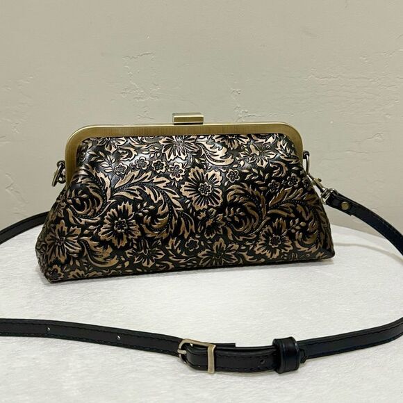Handmade Floral  Embossed Cowhide Push Lock Clutch, Shoulder Bag, Crossbody - Picture 1 of 16